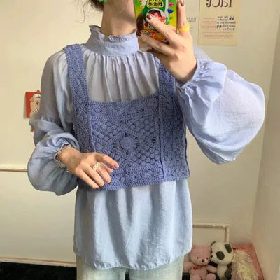 フリルスタンドカラーブラウス＆ニットビスチェ 6687-purple_即納6687-画像11-韓国ファッション通販POPREA［ポップリア］