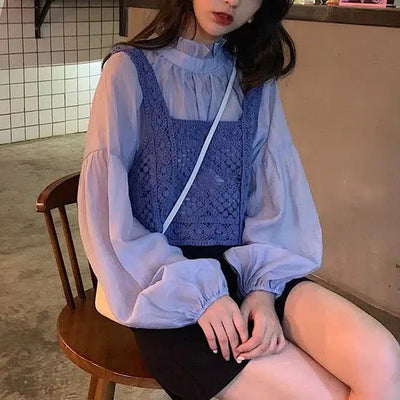 フリルスタンドカラーブラウス＆ニットビスチェ 6687-purple_即納6687-画像2-韓国ファッション通販POPREA［ポップリア］