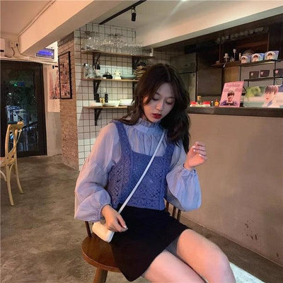 フリルスタンドカラーブラウス＆ニットビスチェ 6687-purple_即納6687-画像5-韓国ファッション通販POPREA［ポップリア］