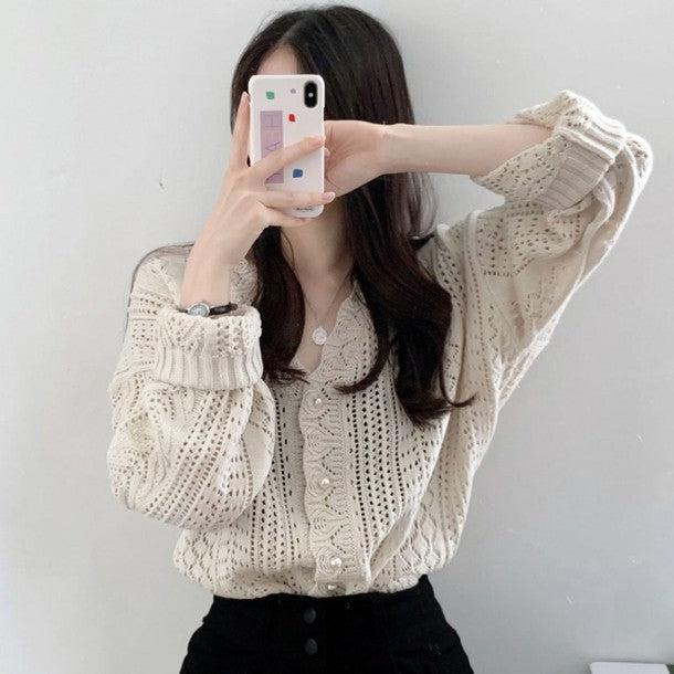 鍵編みニットカーディガン 6746-off-white_即納6746-画像8-韓国ファッション通販POPREA［ポップリア］