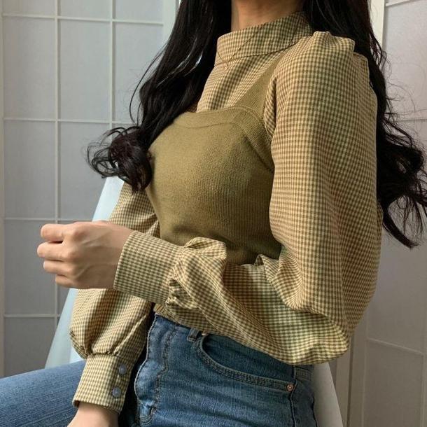 モックネックチェックシャツ＆ニットビスチェ﻿﻿﻿﻿﻿﻿﻿ 6282-green_お取り寄せ6282-画像3-韓国ファッション通販POPREA［ポップリア］