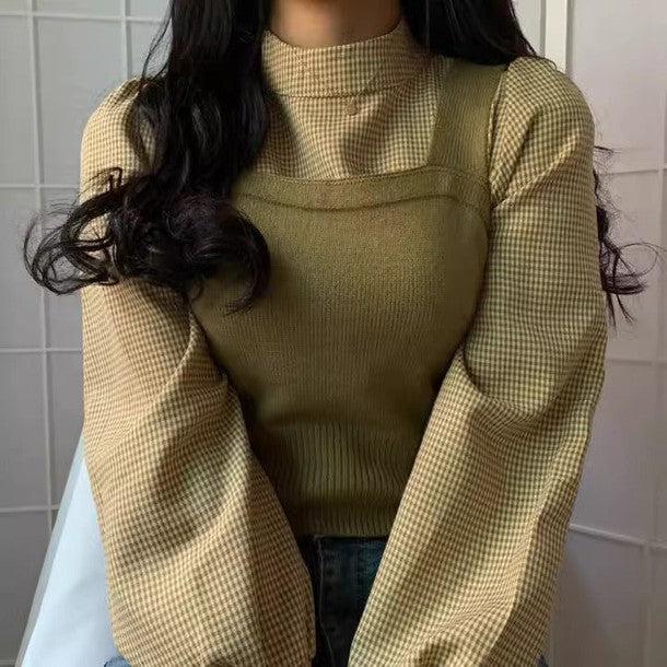 モックネックチェックシャツ＆ニットビスチェ﻿﻿﻿﻿﻿﻿﻿ 6282-green_お取り寄せ6282-画像4-韓国ファッション通販POPREA［ポップリア］