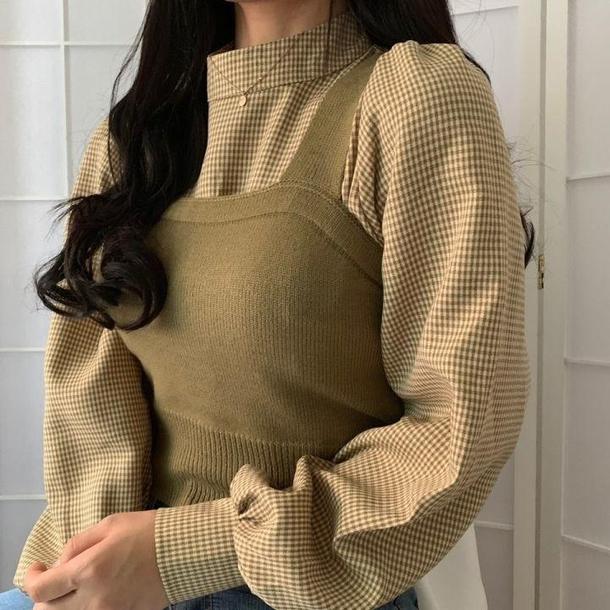 モックネックチェックシャツ＆ニットビスチェ﻿﻿﻿﻿﻿﻿﻿ 6282-green_お取り寄せ6282-画像6-韓国ファッション通販POPREA［ポップリア］