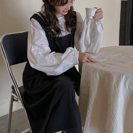 ボリューム袖シャツ＆ジャンスカ﻿﻿﻿﻿﻿﻿﻿ 6281-black_お取り寄せ6281-画像3-韓国ファッション通販POPREA［ポップリア］