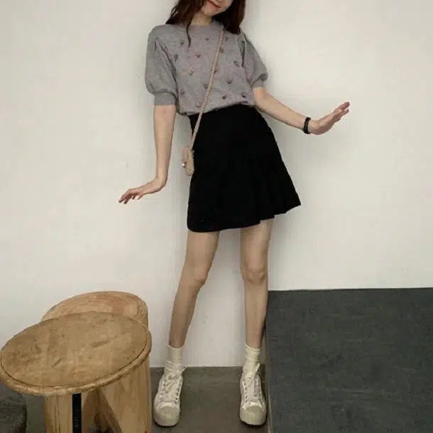 ポンポンフラワープチネックニット 6625-gray_即納6625-画像5-韓国ファッション通販POPREA［ポップリア］