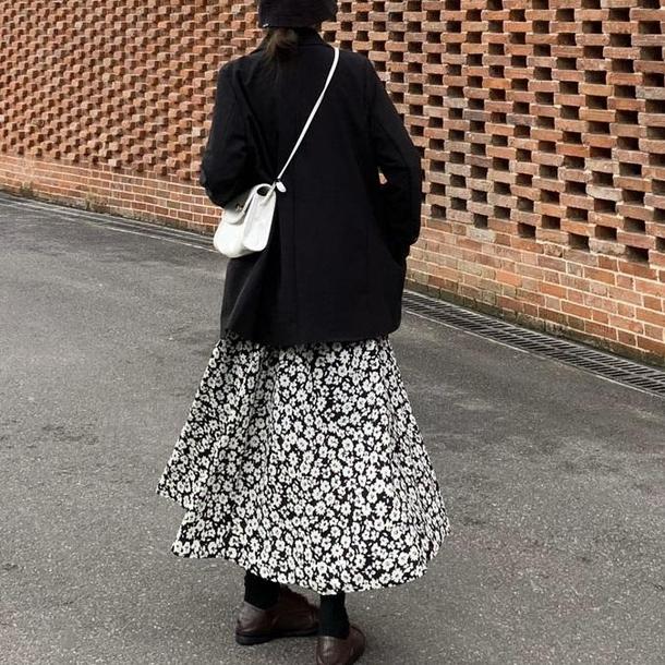 モノトーンフラワーロングスカート 6608-black_即納6608-画像12-韓国ファッション通販POPREA［ポップリア］