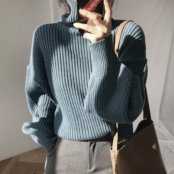 タートルネックリブニット 6412-blue_即納6412-画像2-韓国ファッション通販POPREA［ポップリア］