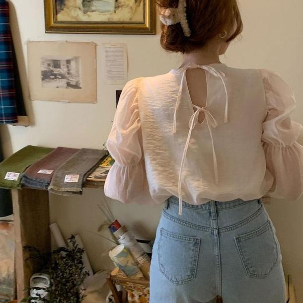 バックリボンスイートブラウス ﻿ 6530-apricot_即納6530-画像4-韓国ファッション通販POPREA［ポップリア］