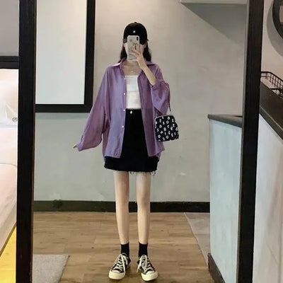 カラーシフォンルーズシャツ 6554-purple_即納6554-画像6-韓国ファッション通販POPREA［ポップリア］