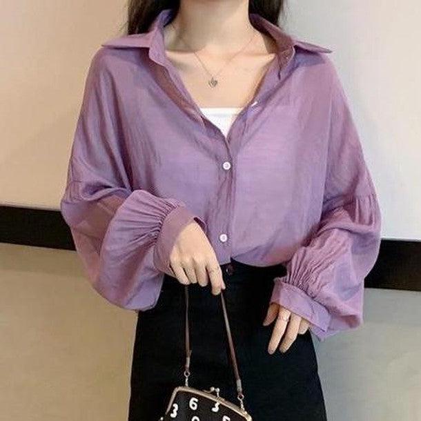 カラーシフォンルーズシャツ 6554-purple_即納6554-画像1-韓国ファッション通販POPREA［ポップリア］