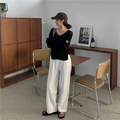 ラフハイウエストストレートパンツ 6720-white_即納6720-画像3-韓国ファッション通販POPREA［ポップリア］