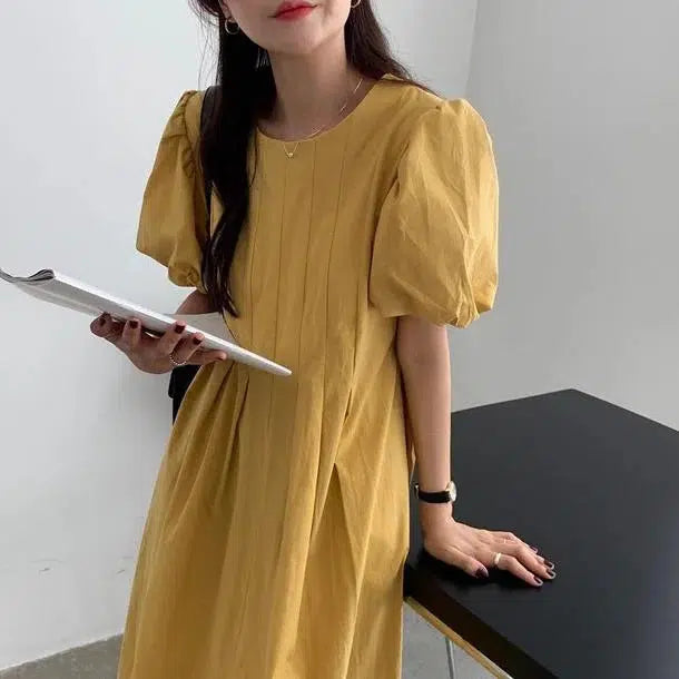 パフスリーブピュアワンピース 6681-mustard_即納66812-画像15-韓国ファッション通販POPREA［ポップリア］