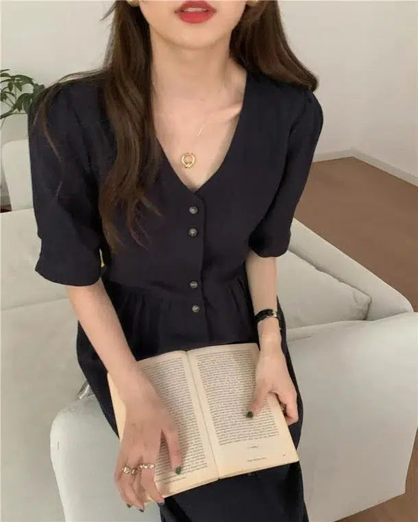 Vネック半袖ロングワンピース 6674-navy-blue_即納6674-画像4-韓国ファッション通販POPREA［ポップリア］