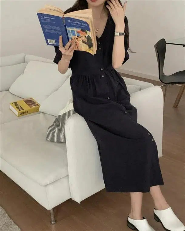 Vネック半袖ロングワンピース 6674-navy-blue_即納6674-画像6-韓国ファッション通販POPREA［ポップリア］