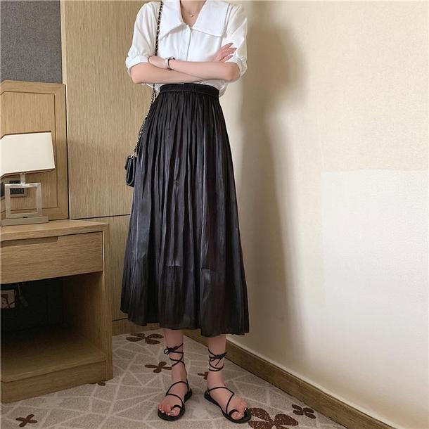 ミドル丈Aラインスカート 6585-black_即納6585-画像2-韓国ファッション通販POPREA［ポップリア］