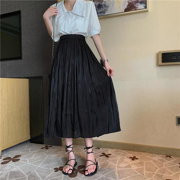 ミドル丈Aラインスカート 6585-black_即納6585-画像4-韓国ファッション通販POPREA［ポップリア］