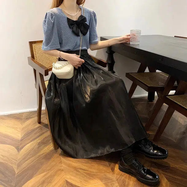 ミドル丈Aラインスカート 6585-black_即納6585-画像1-韓国ファッション通販POPREA［ポップリア］