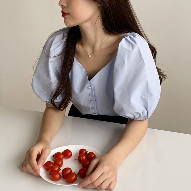 フレンチスイートネックブラウス﻿ 6639-light-blue_即納6639-画像2-韓国ファッション通販POPREA［ポップリア］