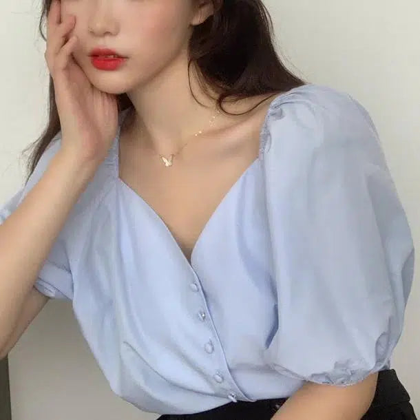 フレンチスイートネックブラウス﻿ 6639-light-blue_即納6639-画像3-韓国ファッション通販POPREA［ポップリア］