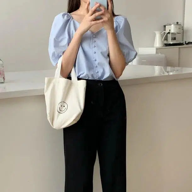 フレンチスイートネックブラウス﻿ 6639-light-blue_即納6639-画像4-韓国ファッション通販POPREA［ポップリア］