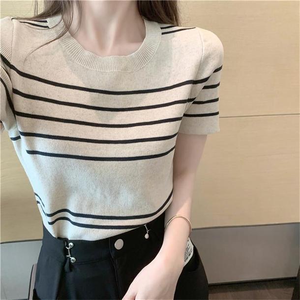 ラウンドネックボーダーニット 6721-ivory_即納6721-画像2-韓国ファッション通販POPREA［ポップリア］