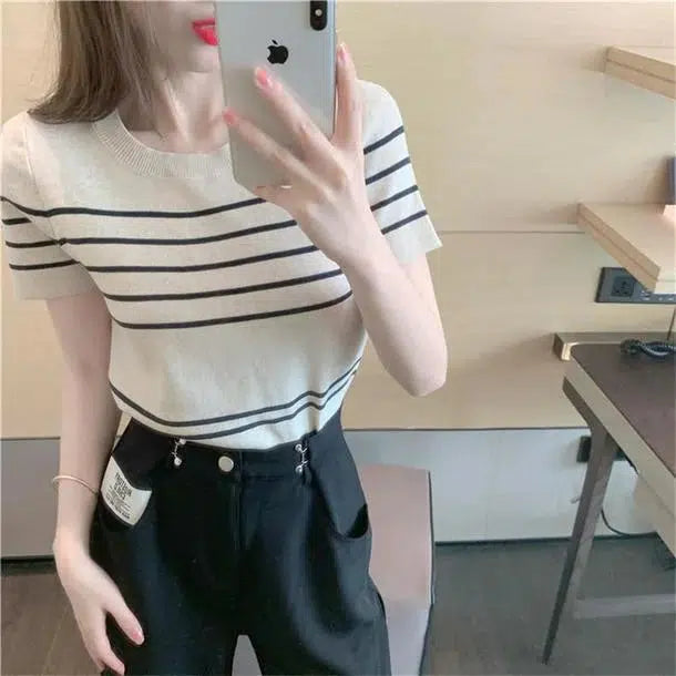 ラウンドネックボーダーニット 6721-ivory_即納6721-画像3-韓国ファッション通販POPREA［ポップリア］