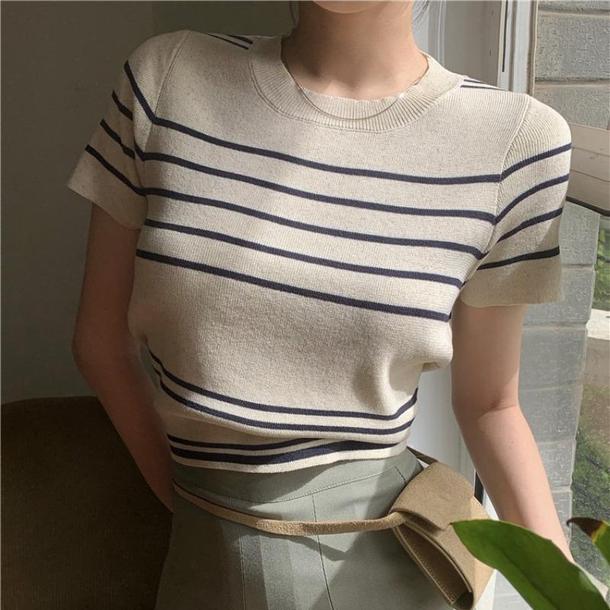 ラウンドネックボーダーニット 6721-ivory_即納6721-画像4-韓国ファッション通販POPREA［ポップリア］