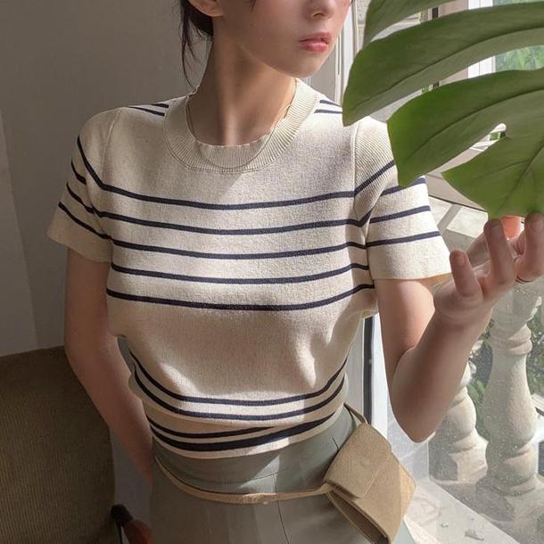 ラウンドネックボーダーニット 6721-ivory_即納6721-画像5-韓国ファッション通販POPREA［ポップリア］