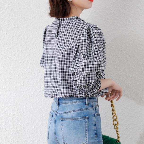 ギンガムパフスリーブブラウス﻿ 6559-black_即納65591-画像10-韓国ファッション通販POPREA［ポップリア］