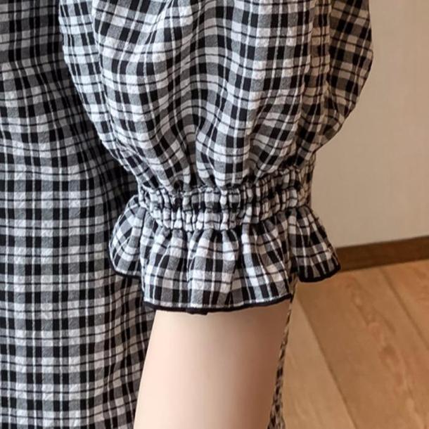 ギンガムパフスリーブブラウス﻿ 6559-black_即納65591-画像11-韓国ファッション通販POPREA［ポップリア］