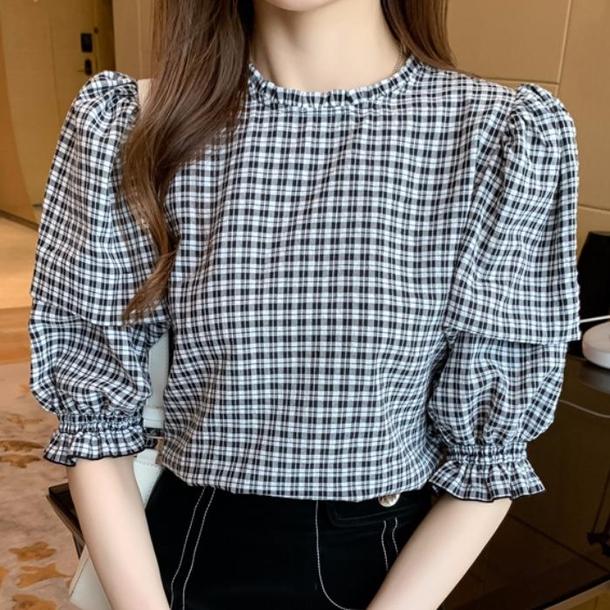 ギンガムパフスリーブブラウス﻿ 6559-black_即納65591-画像2-韓国ファッション通販POPREA［ポップリア］