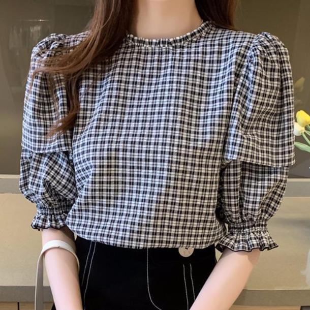 ギンガムパフスリーブブラウス﻿ 6559-black_即納65591-画像3-韓国ファッション通販POPREA［ポップリア］