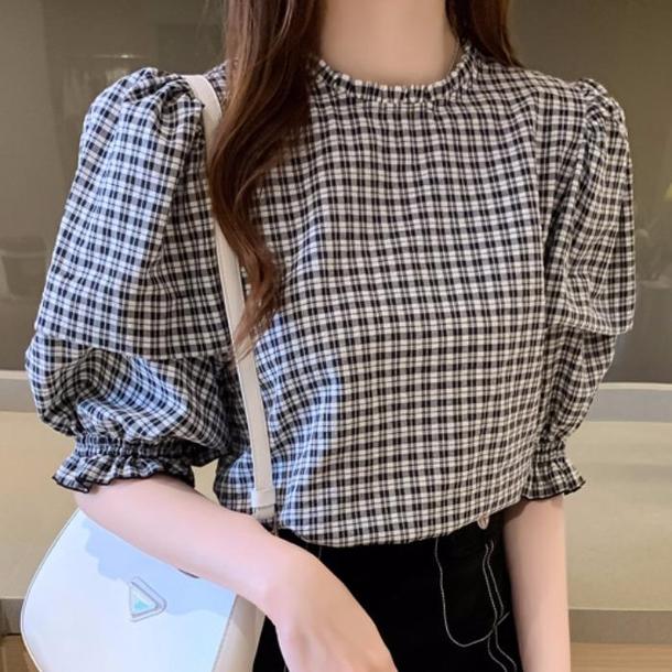 ギンガムパフスリーブブラウス﻿ 6559-black_即納65591-画像4-韓国ファッション通販POPREA［ポップリア］