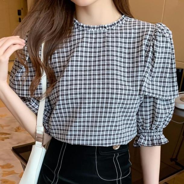 ギンガムパフスリーブブラウス﻿ 6559-black_即納65591-画像5-韓国ファッション通販POPREA［ポップリア］