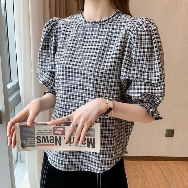 ギンガムパフスリーブブラウス﻿ 6559-black_即納65591-画像6-韓国ファッション通販POPREA［ポップリア］