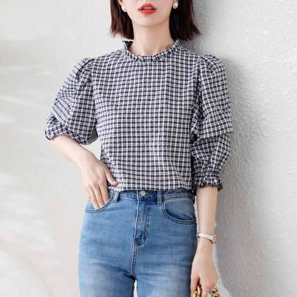 ギンガムパフスリーブブラウス﻿ 6559-black_即納65591-画像7-韓国ファッション通販POPREA［ポップリア］