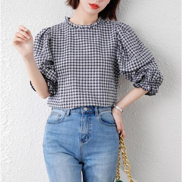 ギンガムパフスリーブブラウス﻿ 6559-black_即納65591-画像8-韓国ファッション通販POPREA［ポップリア］