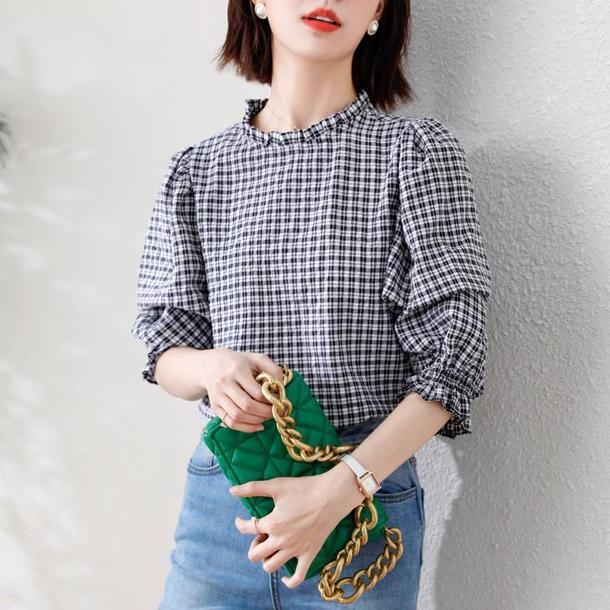 ギンガムパフスリーブブラウス﻿ 6559-black_即納65591-画像9-韓国ファッション通販POPREA［ポップリア］