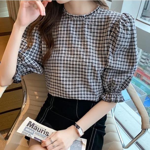 ギンガムパフスリーブブラウス﻿ 6559-black_即納65591-画像1-韓国ファッション通販POPREA［ポップリア］