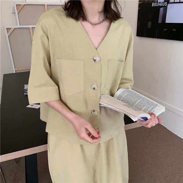 ノーカラージャケットセットアップ 6673-yellow_即納6673-画像5-韓国ファッション通販POPREA［ポップリア］