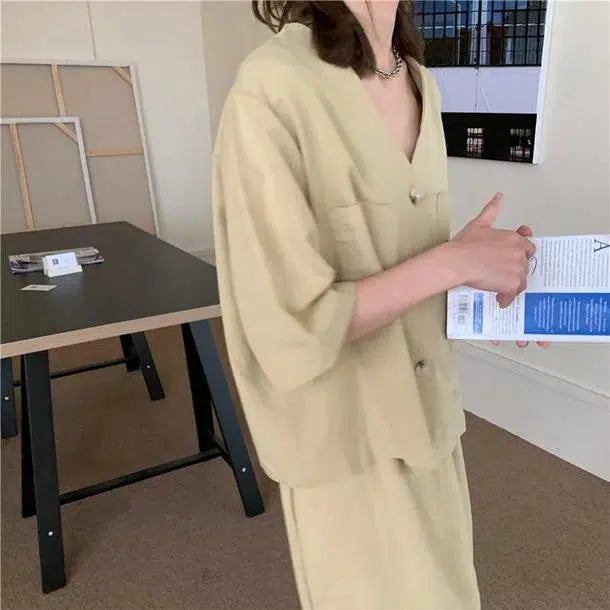 ノーカラージャケットセットアップ 6673-yellow_即納6673-画像7-韓国ファッション通販POPREA［ポップリア］