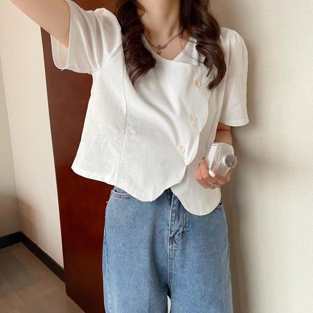 レトロカラーフレンチブラウス 6737-white_即納6737-画像4-韓国ファッション通販POPREA［ポップリア］