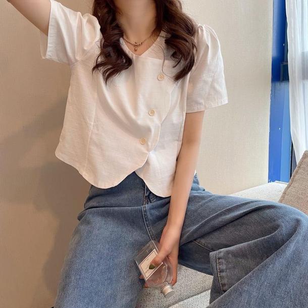 レトロカラーフレンチブラウス 6737-white_即納6737-画像6-韓国ファッション通販POPREA［ポップリア］