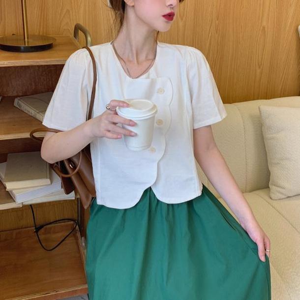 レトロカラーフレンチブラウス 6737-white_即納6737-画像1-韓国ファッション通販POPREA［ポップリア］