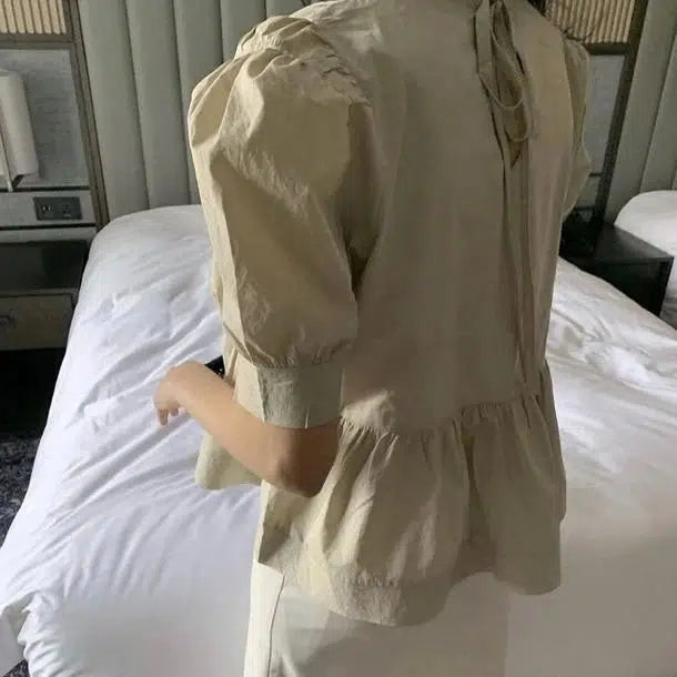 ウエストギャザーブラウス﻿﻿ 6650-khaki_即納6650-画像2-韓国ファッション通販POPREA［ポップリア］