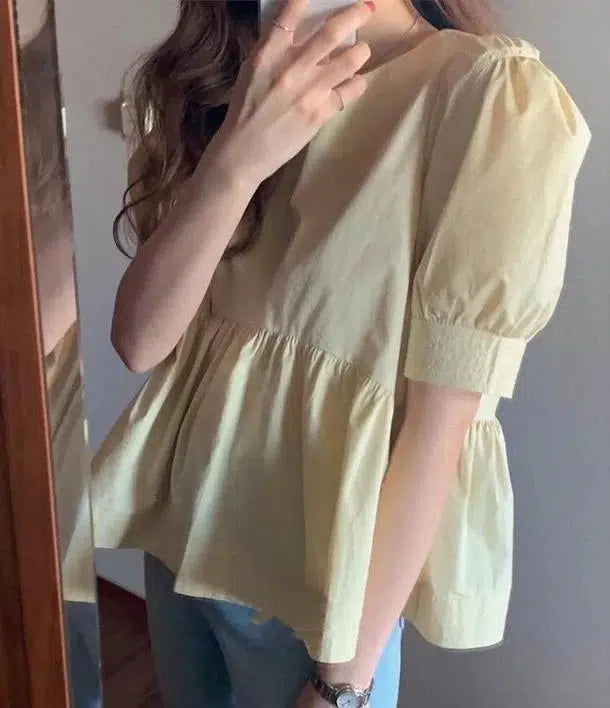 ウエストギャザーブラウス﻿﻿ 6650-khaki_即納6650-画像3-韓国ファッション通販POPREA［ポップリア］