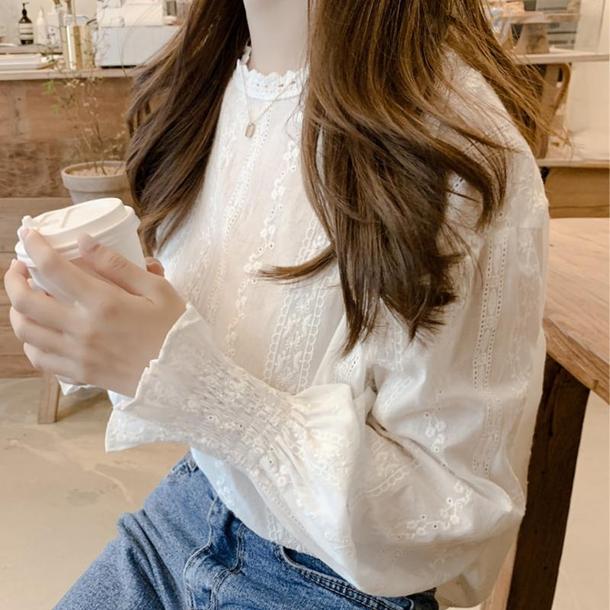 フレアカフスフラワーブラウス 6744-white_即納6744-画像13-韓国ファッション通販POPREA［ポップリア］