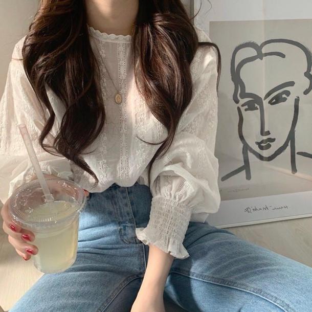 フレアカフスフラワーブラウス 6744-white_即納6744-画像2-韓国ファッション通販POPREA［ポップリア］