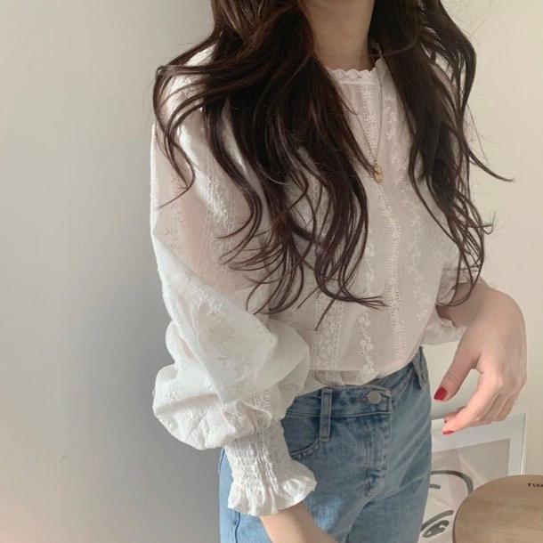 フレアカフスフラワーブラウス 6744-white_即納6744-画像3-韓国ファッション通販POPREA［ポップリア］