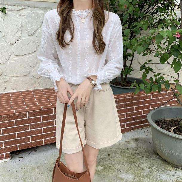 フレアカフスフラワーブラウス 6744-white_即納6744-画像6-韓国ファッション通販POPREA［ポップリア］